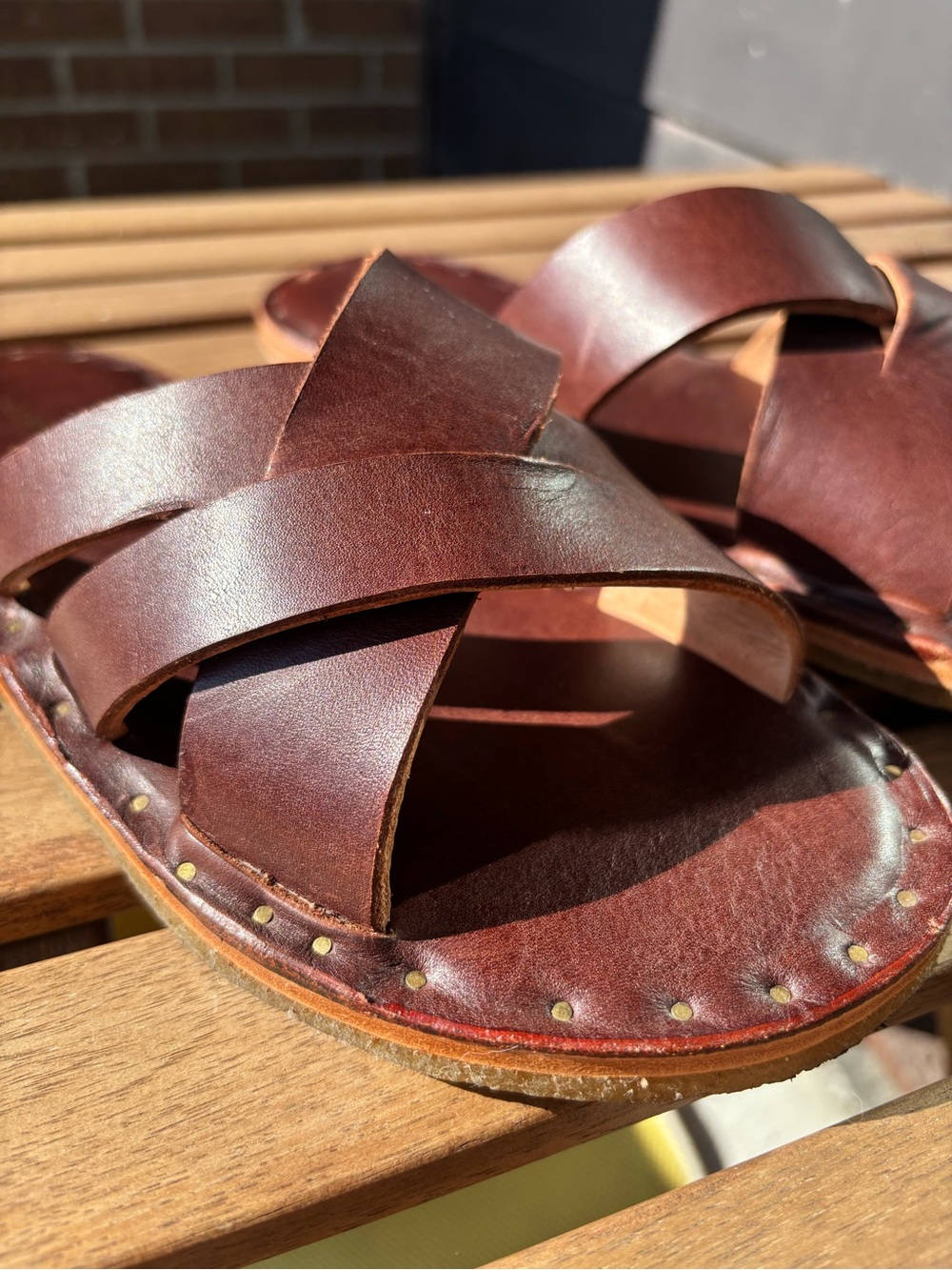 Unmarked Men's Brown Leather Crossed-Strap Slide Sandals